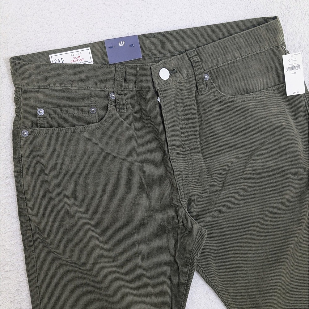 NEW! Gap Flex Slim Mens Corduroy Pants 30x32 Green 5 Pocket Stretch Casual $70